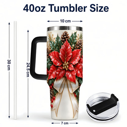 #pl[40oz|Black] Red Poinsettia 40oz Tumbler with Handle, Ivory Bow Christmas Floral Art