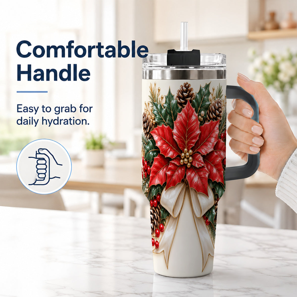 #pl[40oz|Black] Red Poinsettia 40oz Tumbler with Handle, Ivory Bow Christmas Floral Art