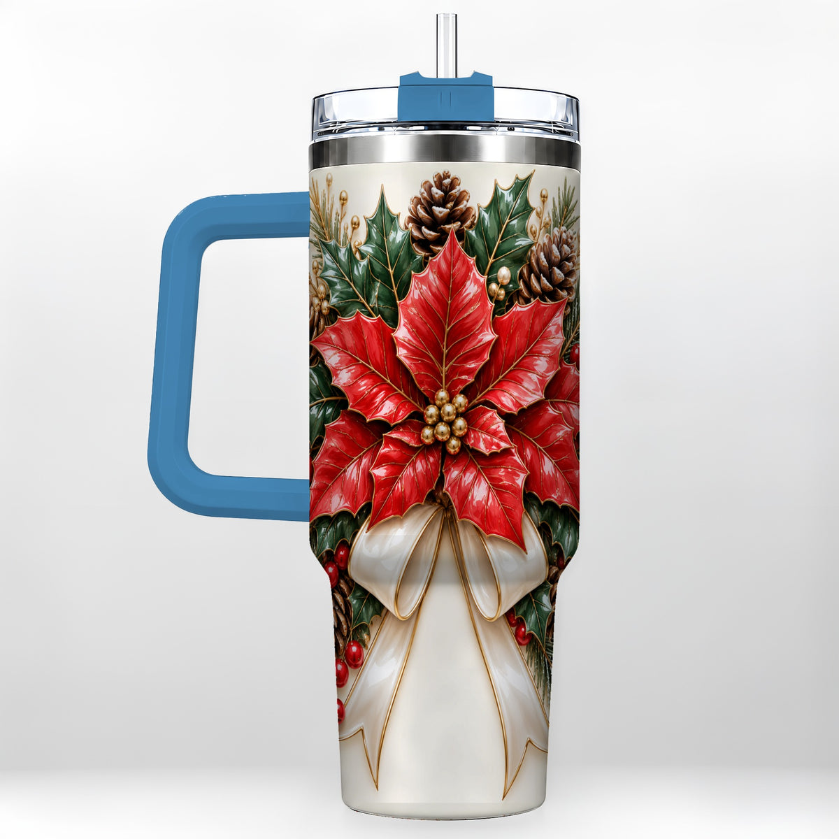 #pl[40oz|Blue] Red Poinsettia 40oz Tumbler with Handle, Ivory Bow Christmas Floral Art