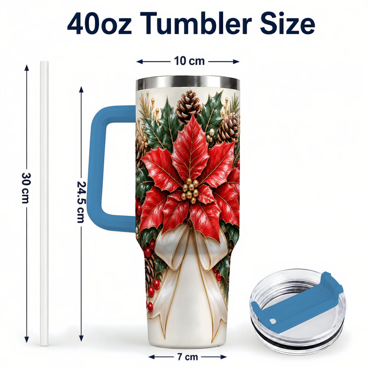 #pl[40oz|Blue] Red Poinsettia 40oz Tumbler with Handle, Ivory Bow Christmas Floral Art