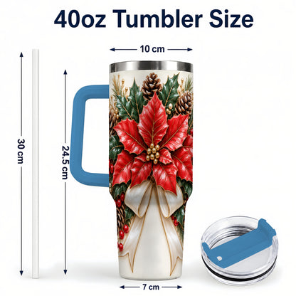 #pl[40oz|Blue] Red Poinsettia 40oz Tumbler with Handle, Ivory Bow Christmas Floral Art
