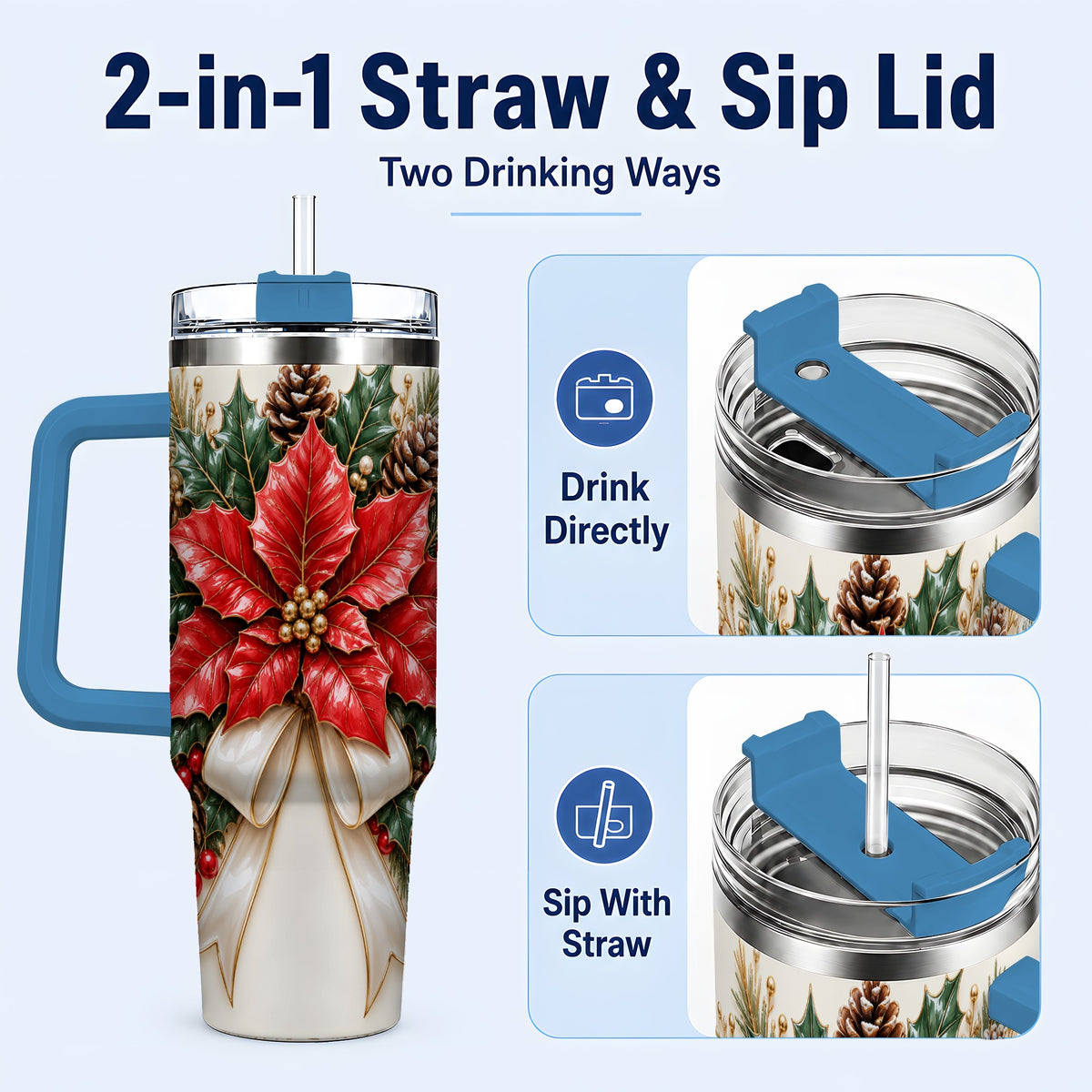 #pl[40oz|Blue] Red Poinsettia 40oz Tumbler with Handle, Ivory Bow Christmas Floral Art
