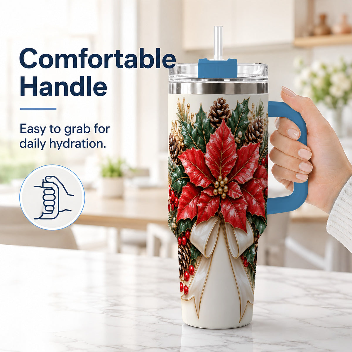 #pl[40oz|Blue] Red Poinsettia 40oz Tumbler with Handle, Ivory Bow Christmas Floral Art