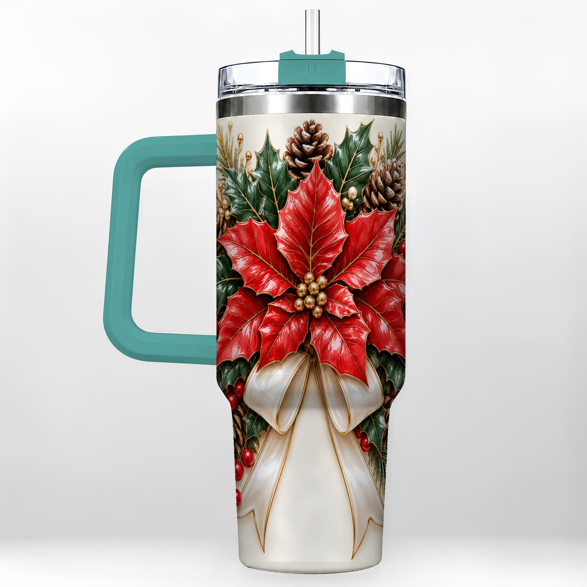 #pl[40oz|Green] Red Poinsettia 40oz Tumbler with Handle, Ivory Bow Christmas Floral Art