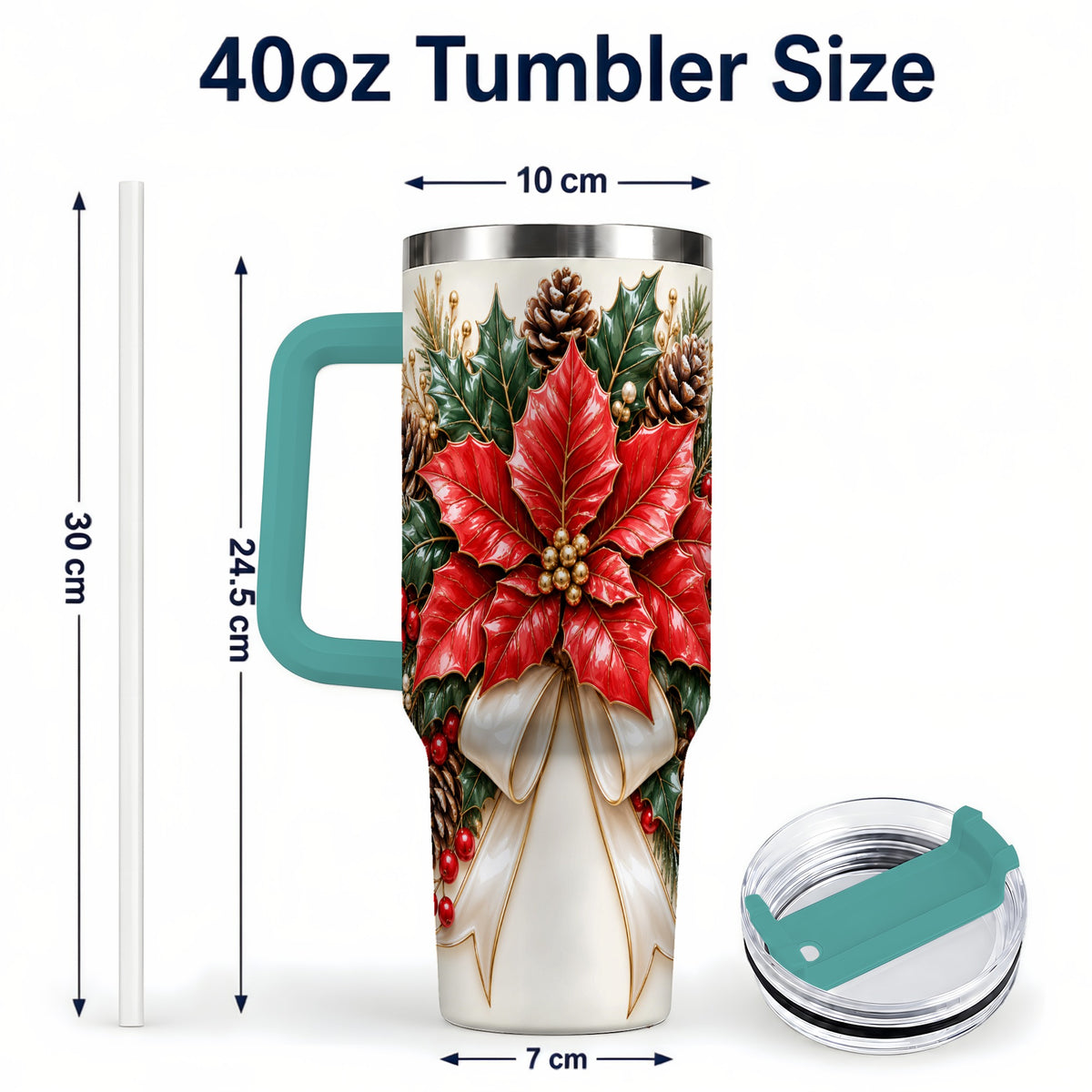 #pl[40oz|Green] Red Poinsettia 40oz Tumbler with Handle, Ivory Bow Christmas Floral Art