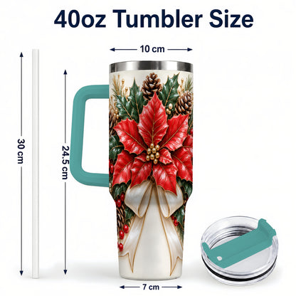 #pl[40oz|Green] Red Poinsettia 40oz Tumbler with Handle, Ivory Bow Christmas Floral Art