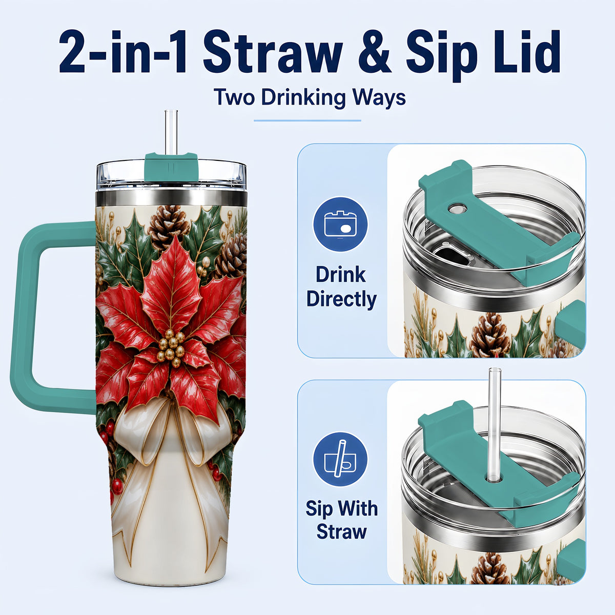#pl[40oz|Green] Red Poinsettia 40oz Tumbler with Handle, Ivory Bow Christmas Floral Art