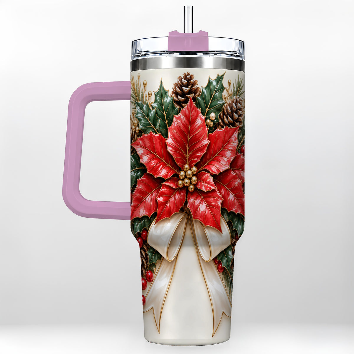 #pl[40oz|Pink] Red Poinsettia 40oz Tumbler with Handle, Ivory Bow Christmas Floral Art