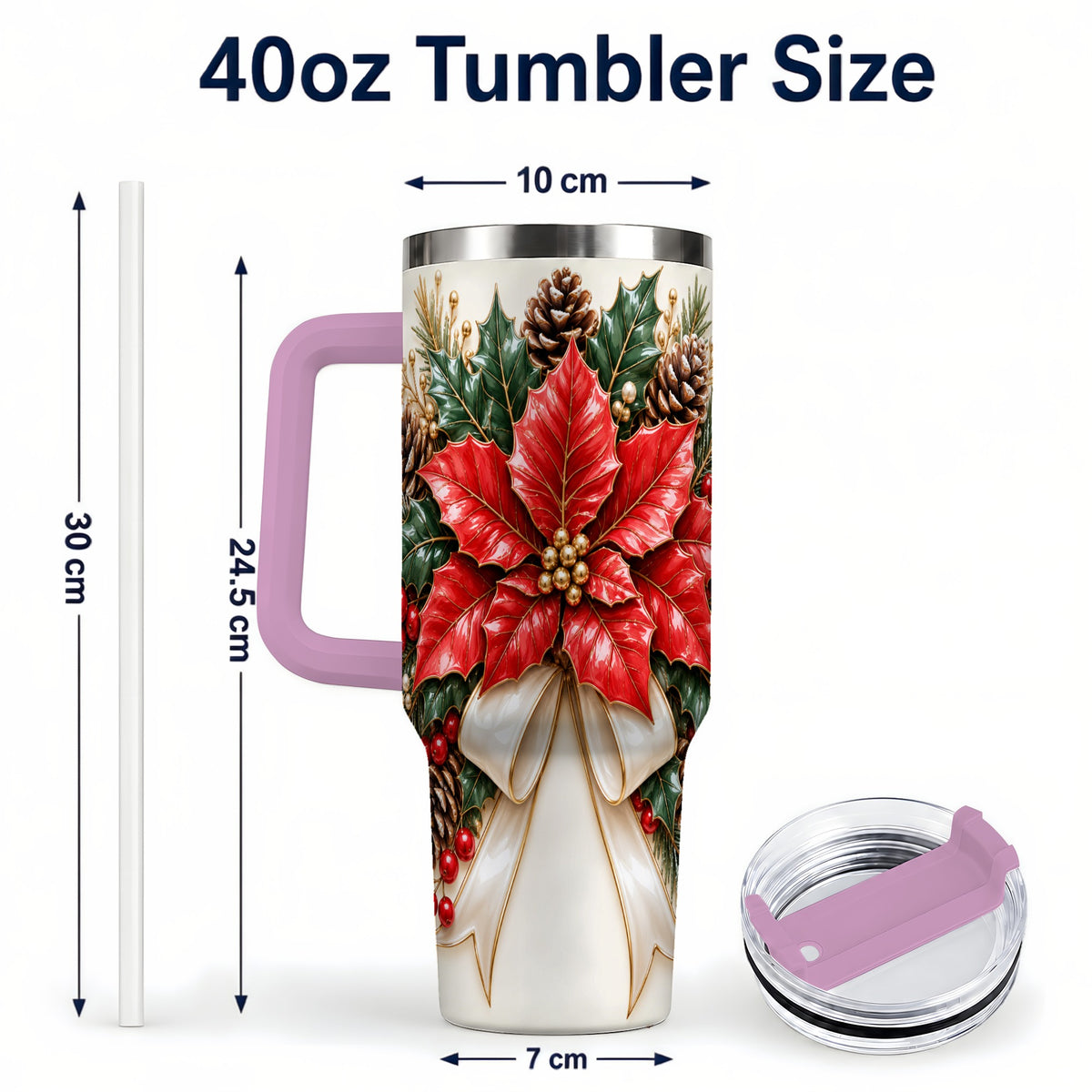 #pl[40oz|Pink] Red Poinsettia 40oz Tumbler with Handle, Ivory Bow Christmas Floral Art