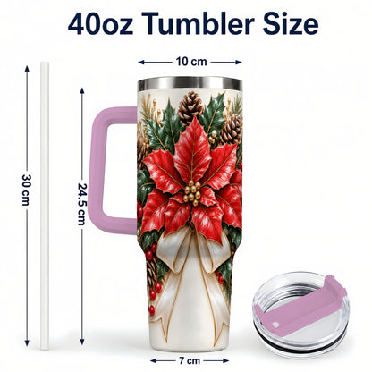 #pl[40oz|Pink] Red Poinsettia 40oz Tumbler with Handle, Ivory Bow Christmas Floral Art