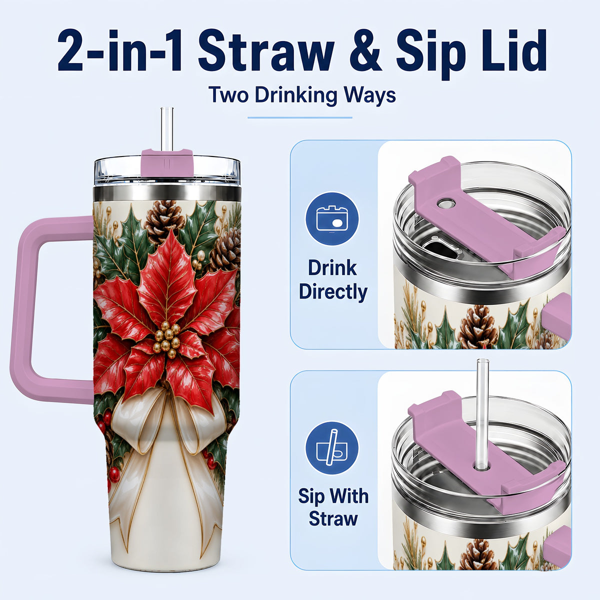 #pl[40oz|Pink] Red Poinsettia 40oz Tumbler with Handle, Ivory Bow Christmas Floral Art