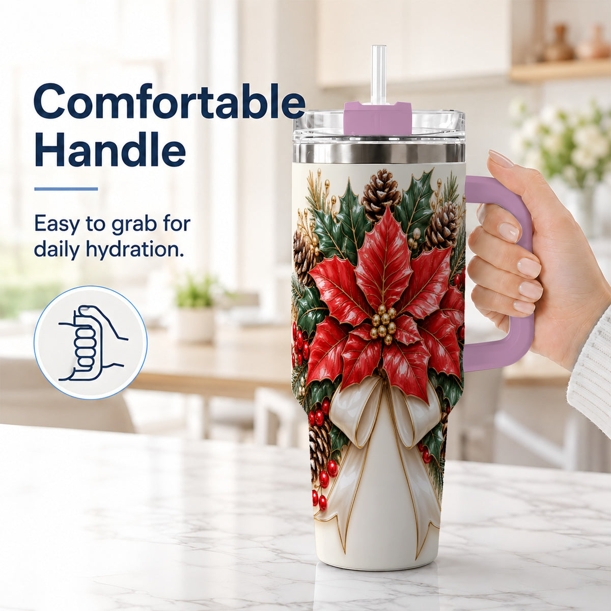 #pl[40oz|Pink] Red Poinsettia 40oz Tumbler with Handle, Ivory Bow Christmas Floral Art