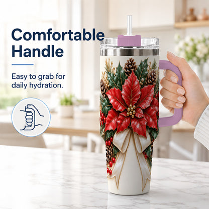 #pl[40oz|Pink] Red Poinsettia 40oz Tumbler with Handle, Ivory Bow Christmas Floral Art