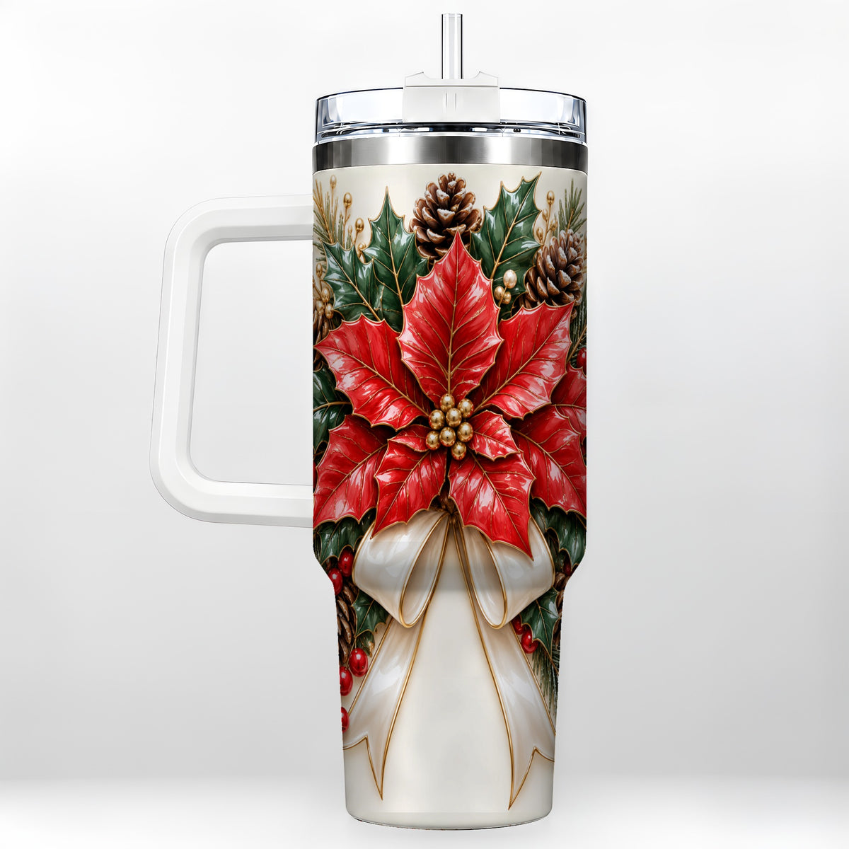 Red Poinsettia 40oz Tumbler with Handle, Ivory Bow Christmas Floral Art
