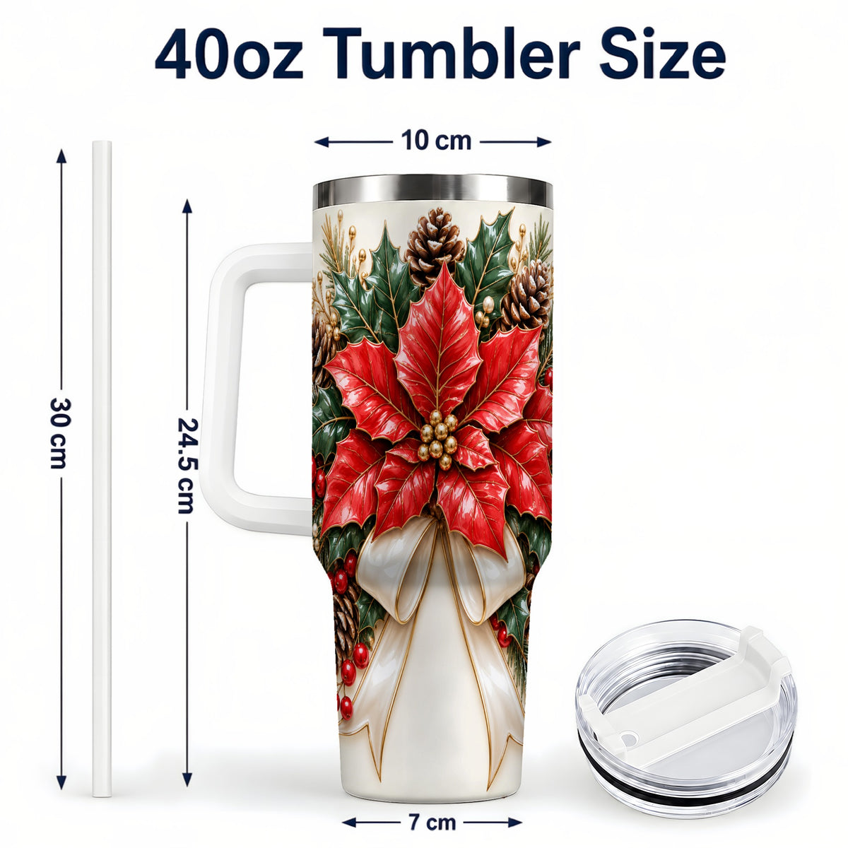 #pl[40oz|White] Red Poinsettia 40oz Tumbler with Handle, Ivory Bow Christmas Floral Art