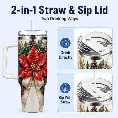 #pl[40oz|White] Red Poinsettia 40oz Tumbler with Handle, Ivory Bow Christmas Floral Art
