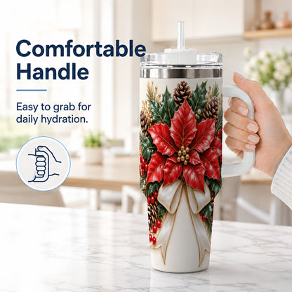 #pl[40oz|White] Red Poinsettia 40oz Tumbler with Handle, Ivory Bow Christmas Floral Art