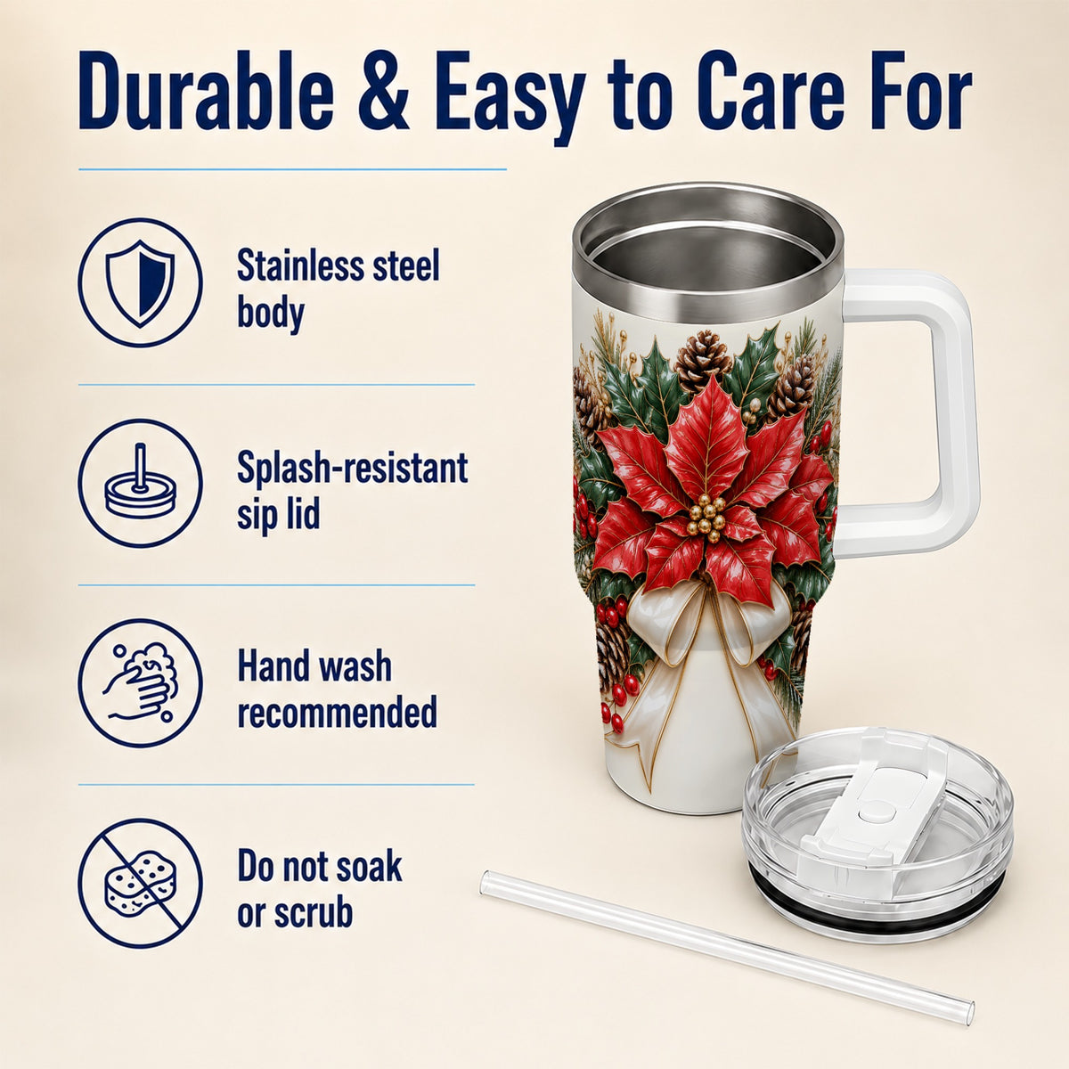 Red Poinsettia 40oz Tumbler with Handle, Ivory Bow Christmas Floral Art