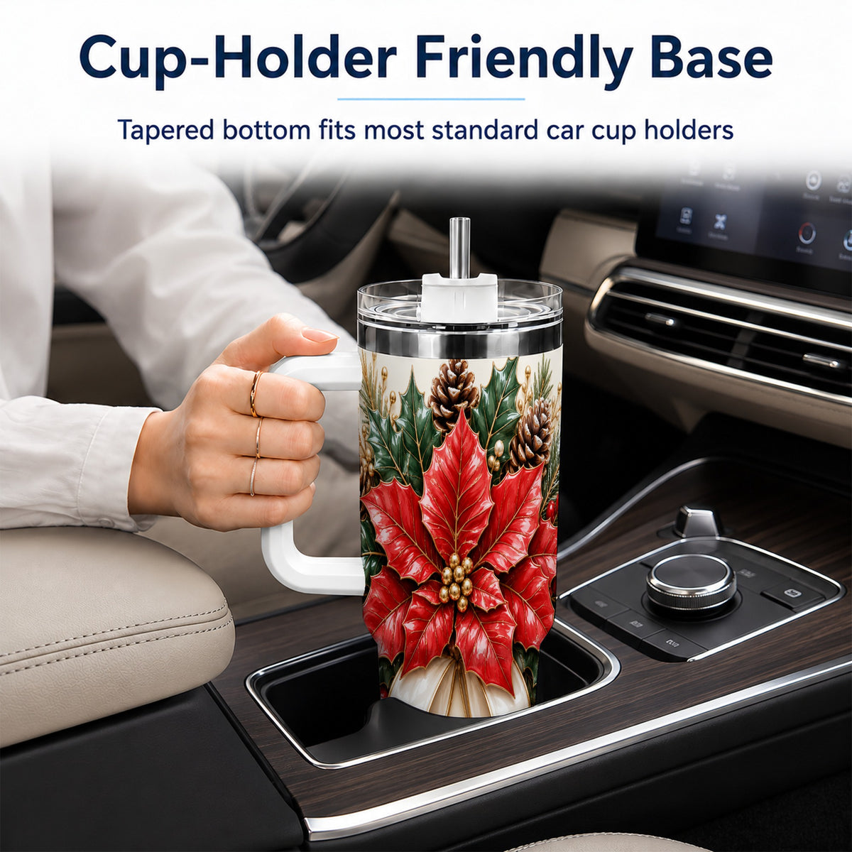 Red Poinsettia 40oz Tumbler with Handle, Ivory Bow Christmas Floral Art
