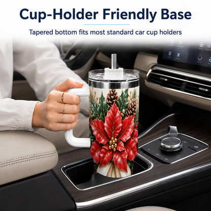Red Poinsettia 40oz Tumbler with Handle, Ivory Bow Christmas Floral Art