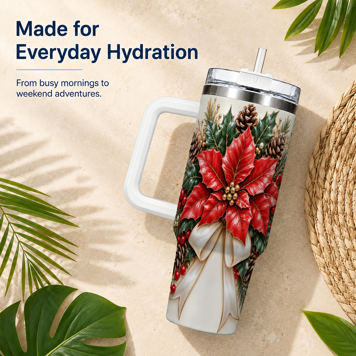 Red Poinsettia 40oz Tumbler with Handle, Ivory Bow Christmas Floral Art