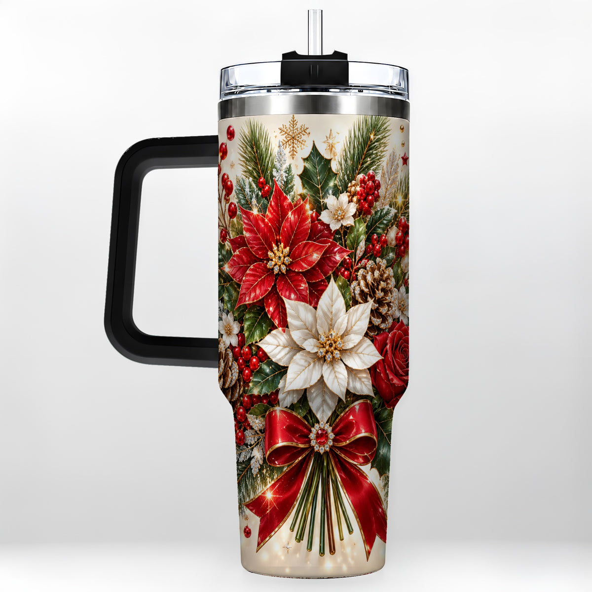 #pl[40oz|Black] Christmas Floral 40oz Tumbler with Handle, Holiday Botanical Design