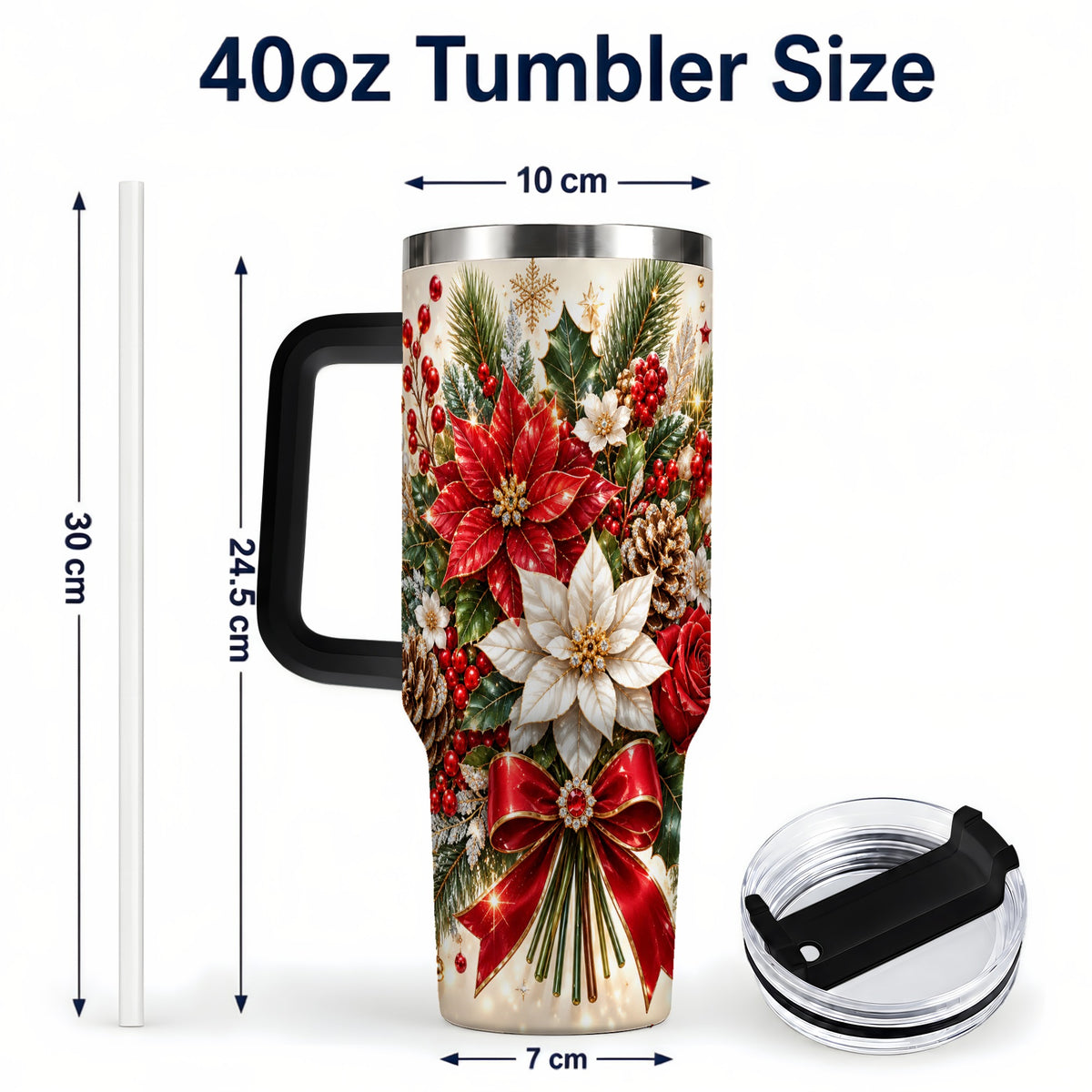 #pl[40oz|Black] Christmas Floral 40oz Tumbler with Handle, Holiday Botanical Design