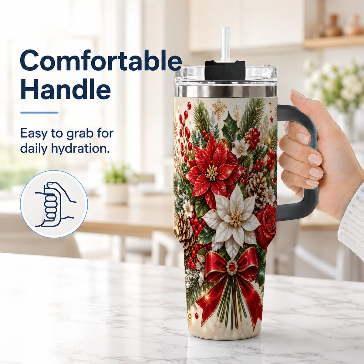 #pl[40oz|Black] Christmas Floral 40oz Tumbler with Handle, Holiday Botanical Design