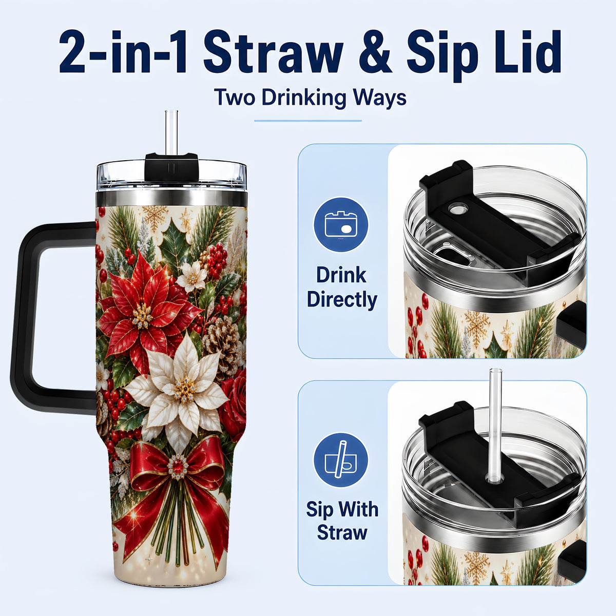 #pl[40oz|Black] Christmas Floral 40oz Tumbler with Handle, Holiday Botanical Design
