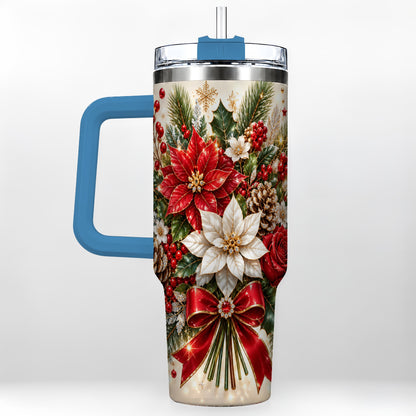 #pl[40oz|Blue] Christmas Floral 40oz Tumbler with Handle, Holiday Botanical Design