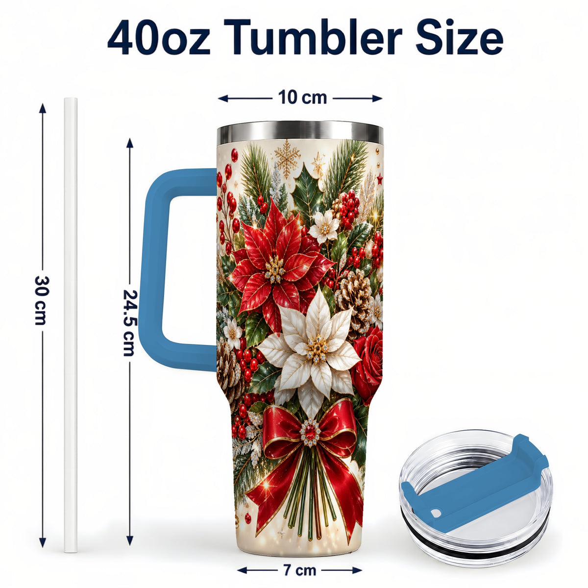 #pl[40oz|Blue] Christmas Floral 40oz Tumbler with Handle, Holiday Botanical Design