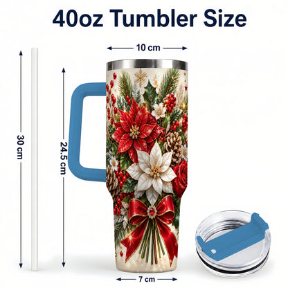 #pl[40oz|Blue] Christmas Floral 40oz Tumbler with Handle, Holiday Botanical Design