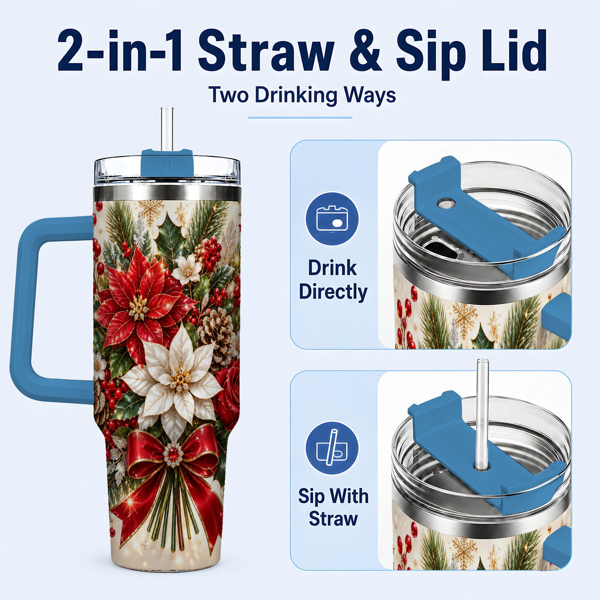 #pl[40oz|Blue] Christmas Floral 40oz Tumbler with Handle, Holiday Botanical Design