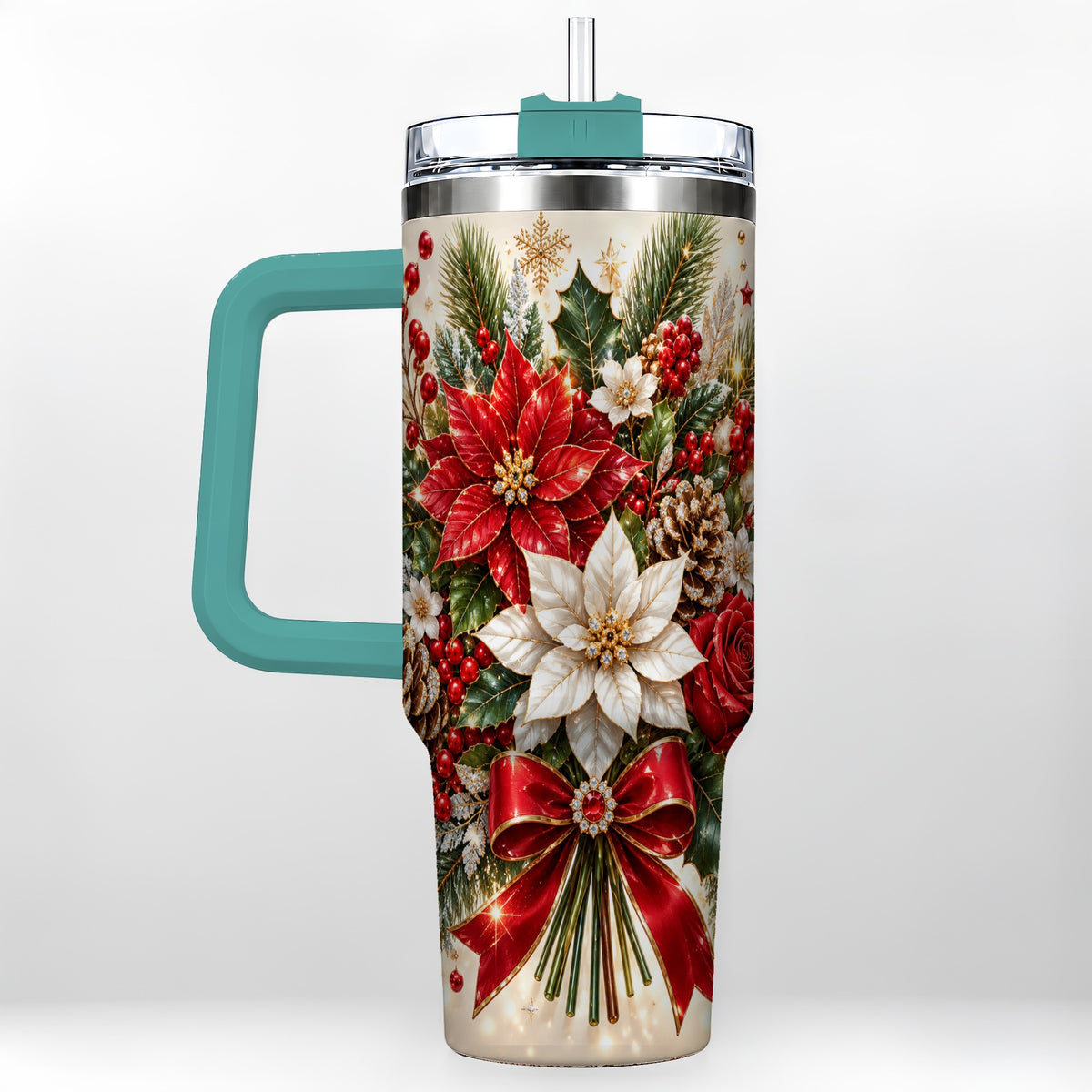 #pl[40oz|Green] Christmas Floral 40oz Tumbler with Handle, Holiday Botanical Design