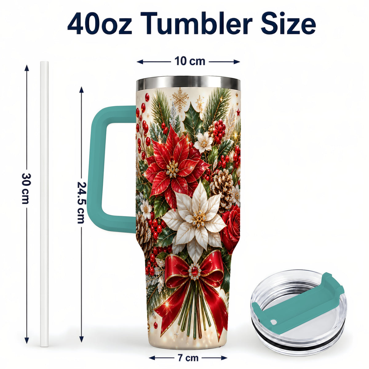 #pl[40oz|Green] Christmas Floral 40oz Tumbler with Handle, Holiday Botanical Design
