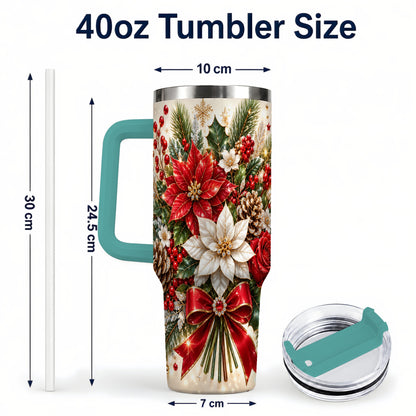 #pl[40oz|Green] Christmas Floral 40oz Tumbler with Handle, Holiday Botanical Design