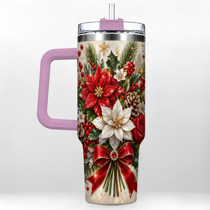 #pl[40oz|Pink] Christmas Floral 40oz Tumbler with Handle, Holiday Botanical Design