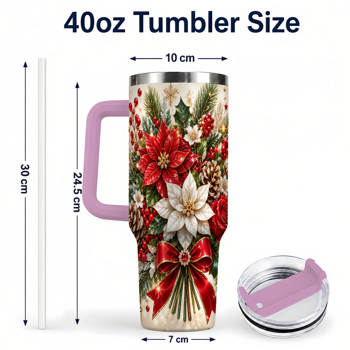 #pl[40oz|Pink] Christmas Floral 40oz Tumbler with Handle, Holiday Botanical Design