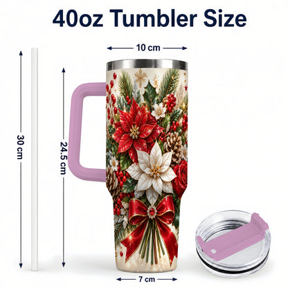 #pl[40oz|Pink] Christmas Floral 40oz Tumbler with Handle, Holiday Botanical Design