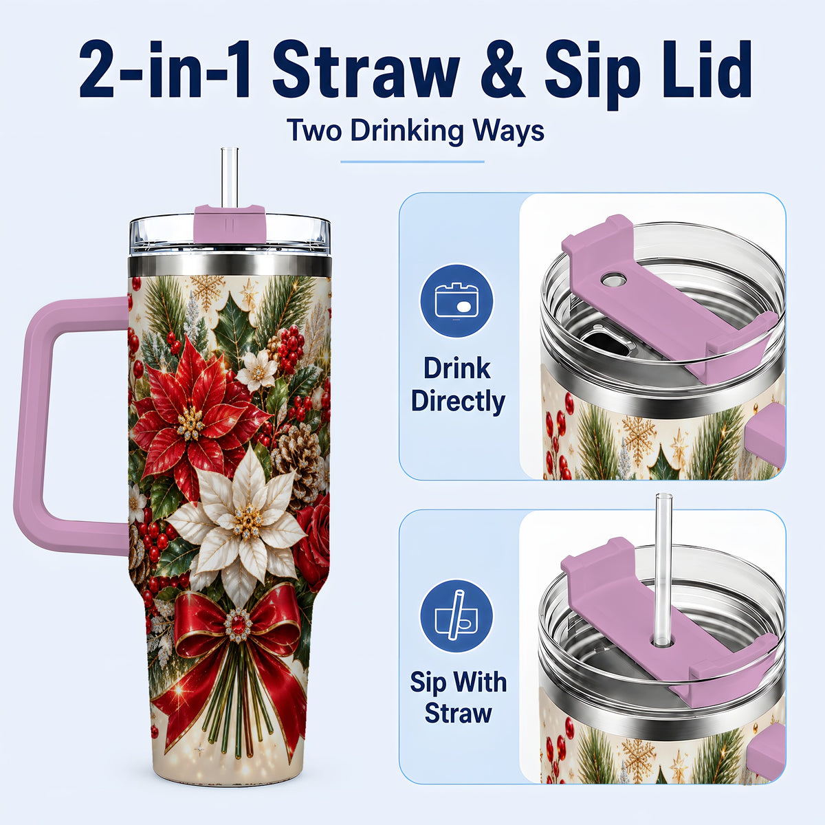 #pl[40oz|Pink] Christmas Floral 40oz Tumbler with Handle, Holiday Botanical Design