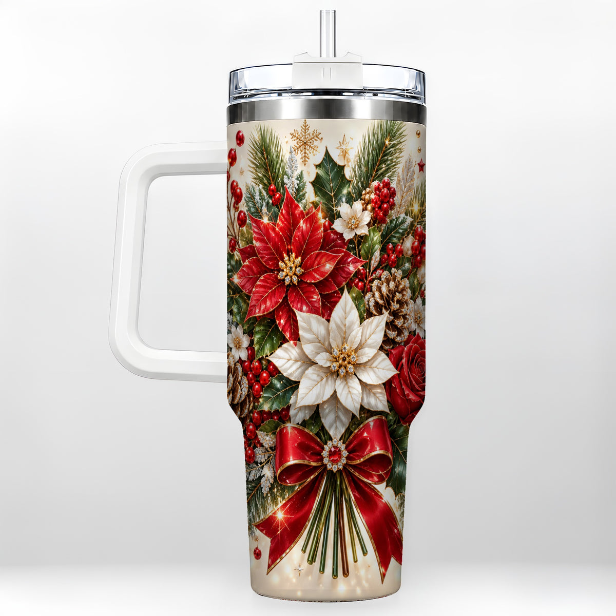 Christmas Floral 40oz Tumbler with Handle, Holiday Botanical Design