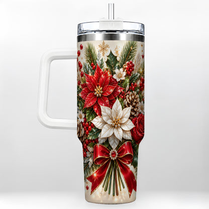 Christmas Floral 40oz Tumbler with Handle, Holiday Botanical Design