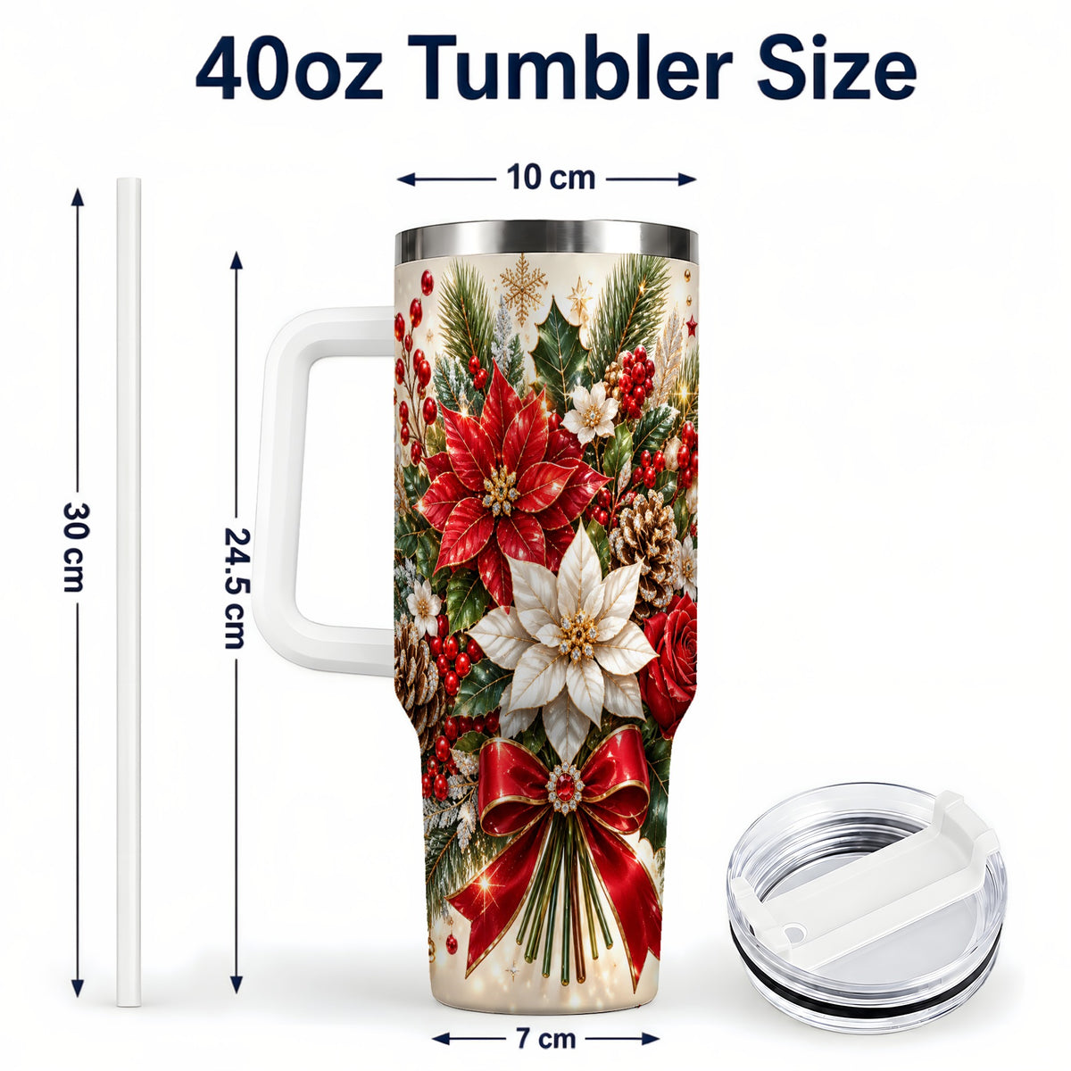 #pl[40oz|White] Christmas Floral 40oz Tumbler with Handle, Holiday Botanical Design
