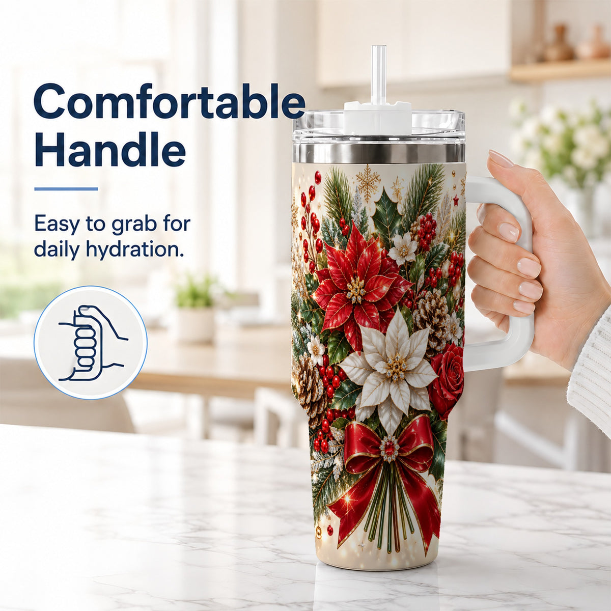 #pl[40oz|White] Christmas Floral 40oz Tumbler with Handle, Holiday Botanical Design