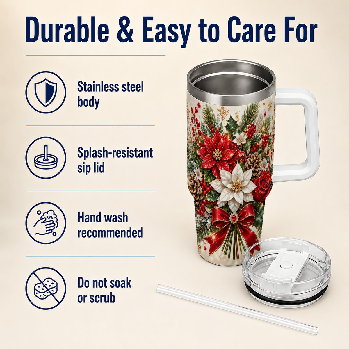 Christmas Floral 40oz Tumbler with Handle, Holiday Botanical Design