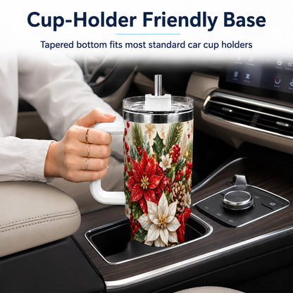 Christmas Floral 40oz Tumbler with Handle, Holiday Botanical Design