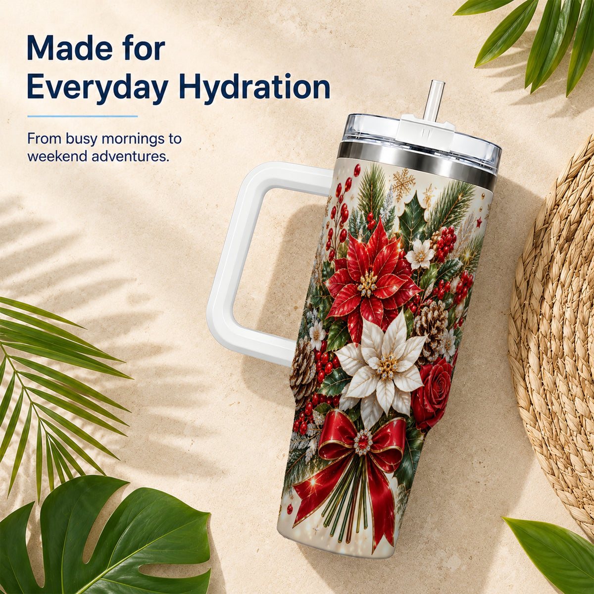 Christmas Floral 40oz Tumbler with Handle, Holiday Botanical Design