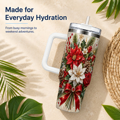 Christmas Floral 40oz Tumbler with Handle, Holiday Botanical Design