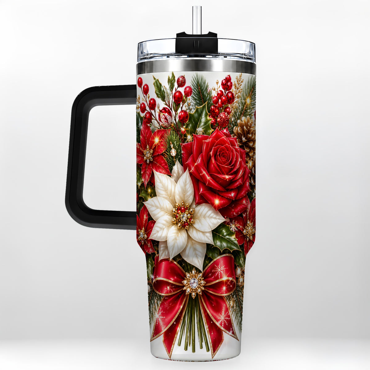 #pl[40oz|Black] Christmas Rose 40oz Tumbler with Handle, Festive Poinsettia Artwork