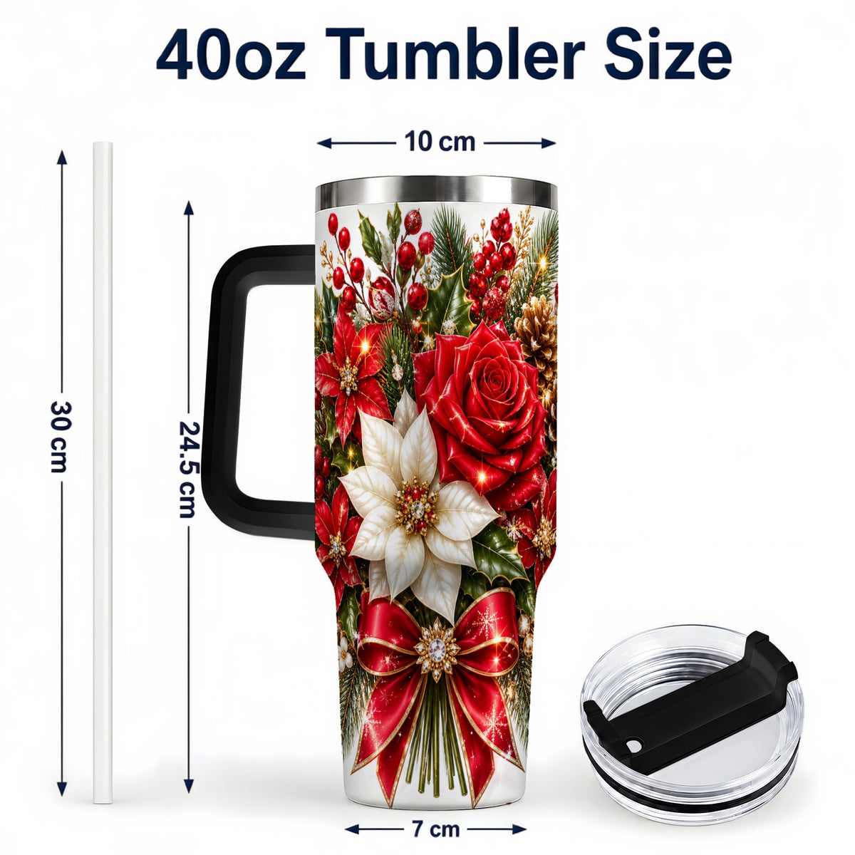 #pl[40oz|Black] Christmas Rose 40oz Tumbler with Handle, Festive Poinsettia Artwork